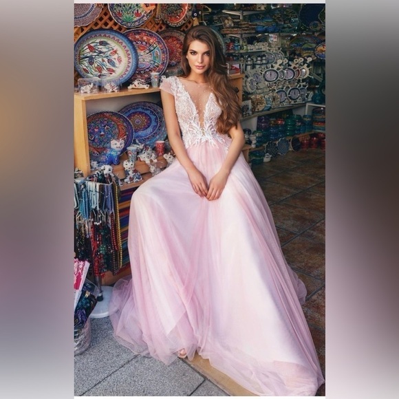 Wedding/prom/evening/gala dress gown lace white pink puff skirt A-line cap sleev - Picture 11 of 12